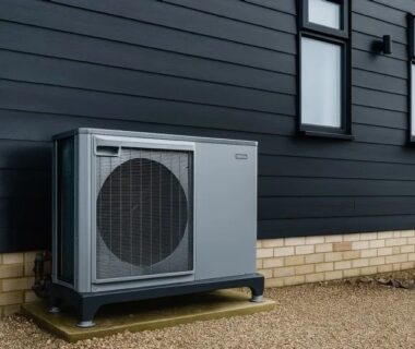 Außengerät einer Wärmepumpe an einem modern verkleideten Haus