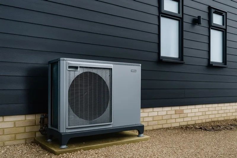 Außengerät einer Wärmepumpe an einem modern verkleideten Haus
