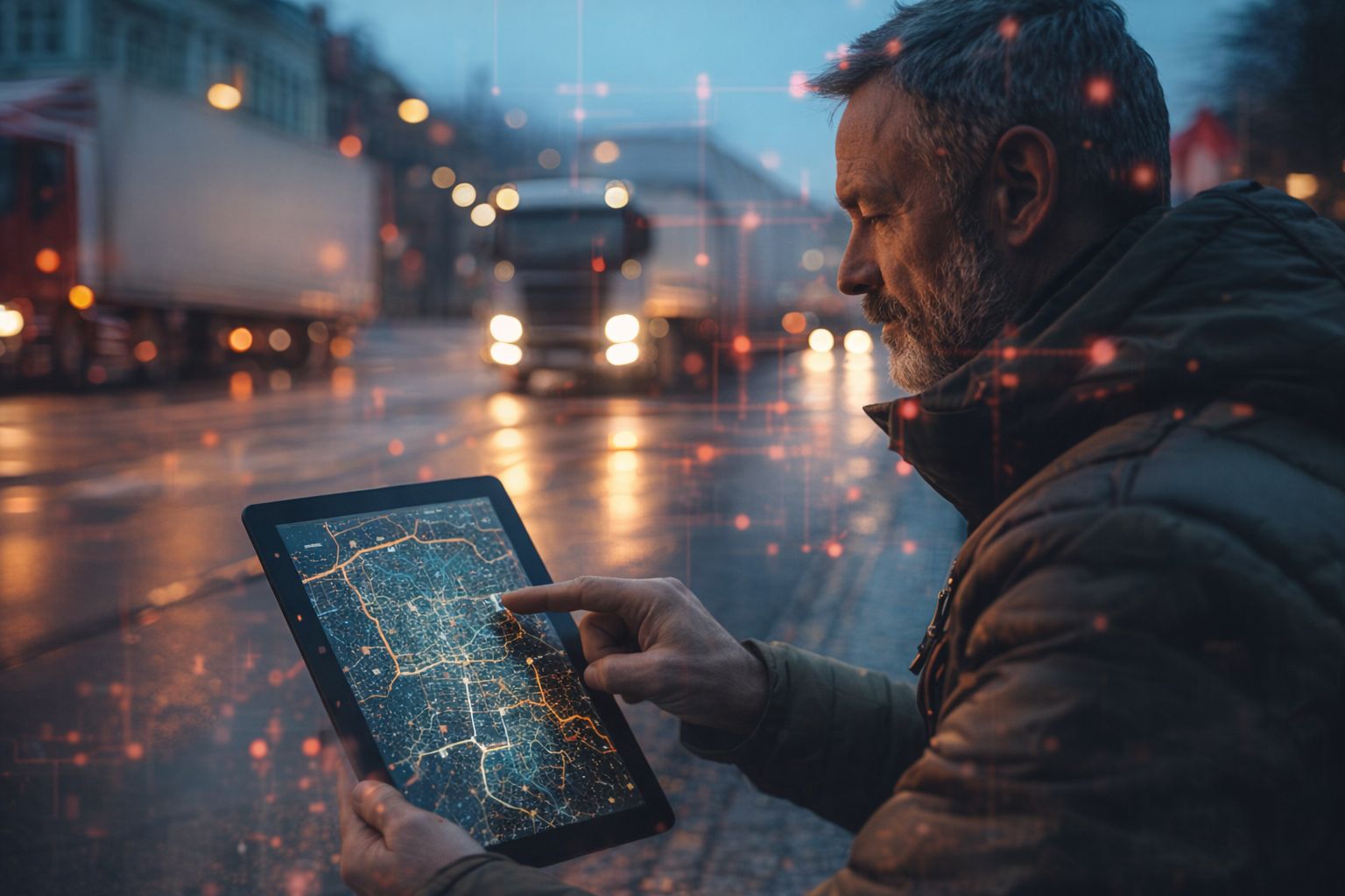 Logistik-Planung einer Route auf einem Tablet für den Hausbau.